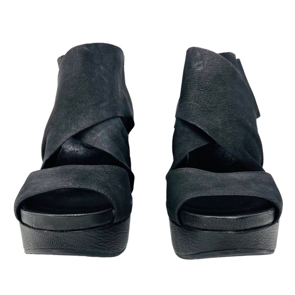 Eileen Fisher Draw Draped Black Nubuck Leather Wedge Heel Sandal Size 7.5 EUC - Picture 2 of 12
